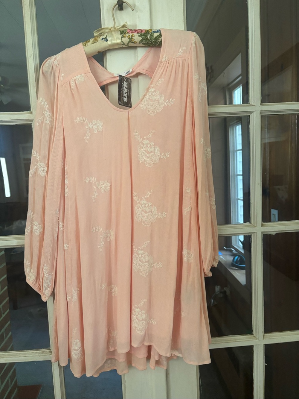 Ladies' Pale Pink Floral Lined Gauzy Embroidered Long Sleeve Tunic Western Dress